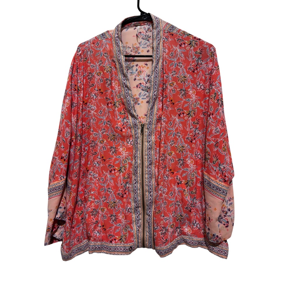 Free People Floral Zip Front Kimono Jacket Coral Peach Boho XS/S ethereal relax